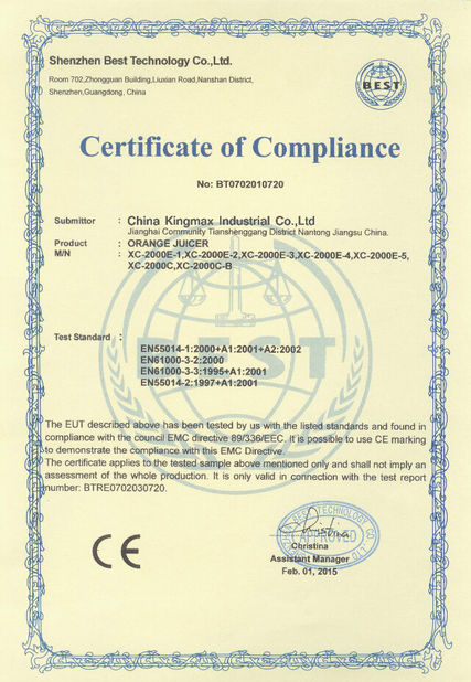 Cina China Kingmax Industrial Co.,ltd. Certificazioni
